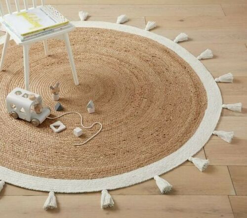 Bohemian Cream & Natural Braided Jute Cotton Round Rug with Tassel
