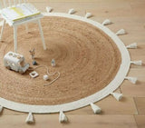 Bohemian Cream & Natural Braided Jute Cotton Round Rug with Tassel